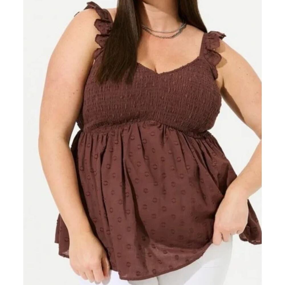 Torrid Babydoll Cotton Clip Dot Smocked Bodice Tank Top Brown Summer 5 5X